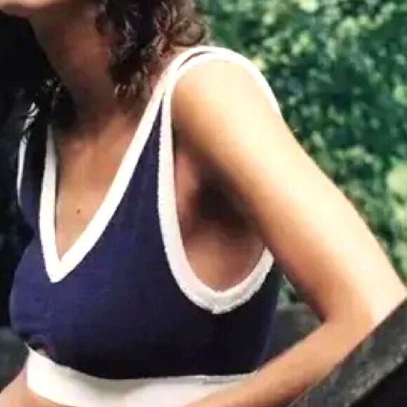 ZARA Terry Cloth 70s Womens Crop Tank Top Bralette Navy White Cut Out V Neck M - Picture 7 of 7